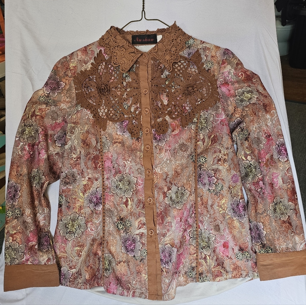 Romantic Vintage Floral Lace Embroidered Blouse Button Down